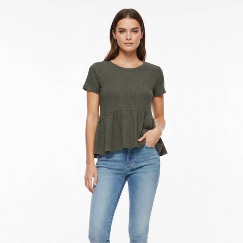 Good Luck Gem Olive Short Sleeve Peplum Knit Top